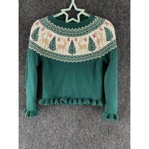 Tahari Girls Sweater Christmas Holiday Fair Isle Ruffle Green Sz 5/6 Reduced 4